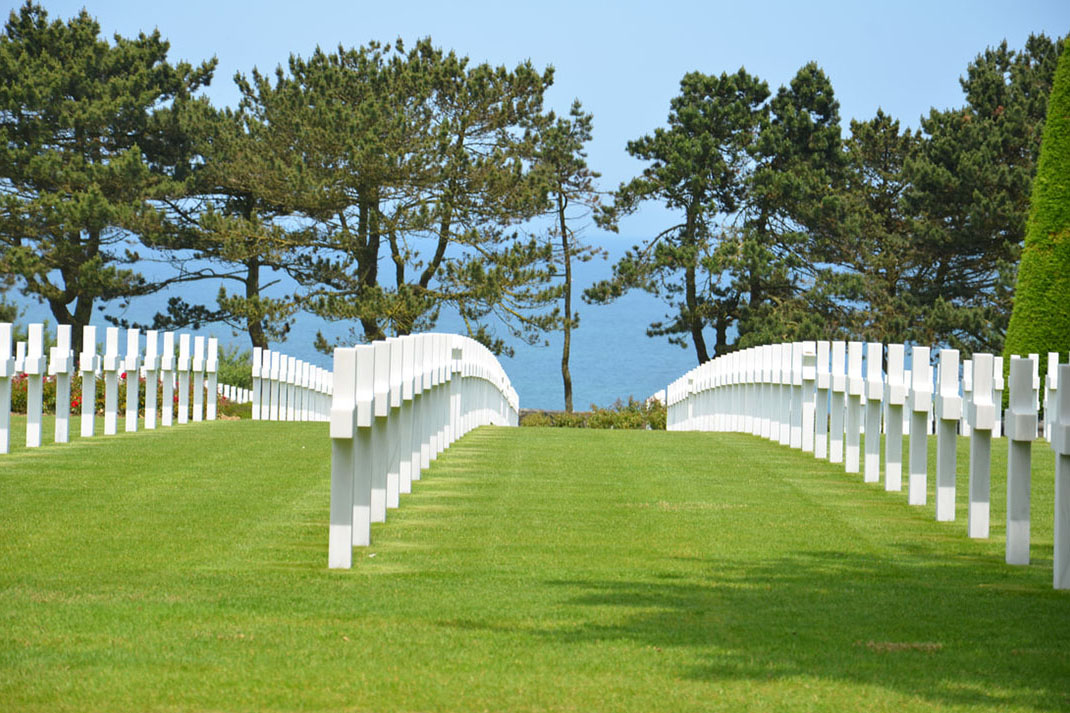 Rows of white crosses in a green field at Normandy Cemetery